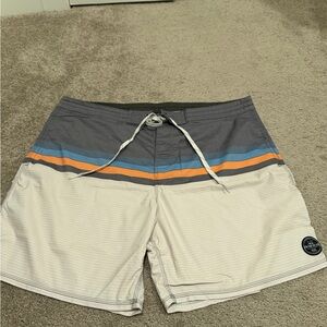 On The Beach Gray and White Board Shorts with Orange and Blue Stripes